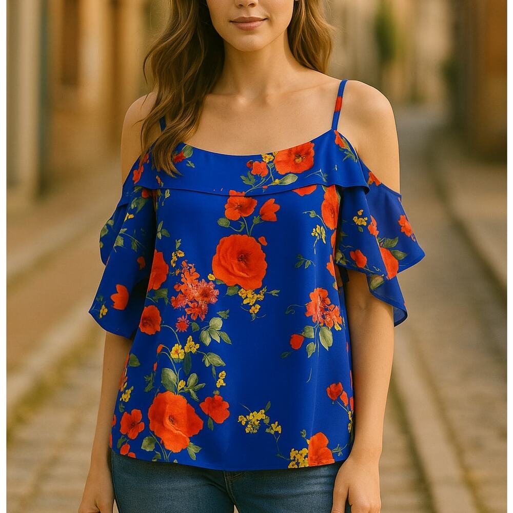Skies Are Blue Blue Floral Cold Shoulder Ruffle Blouse Cottagecore Boho Size L